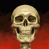 Dverghold: Close-up of a grinning skull with dark eye sockets on red-black background.