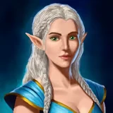 Dverghold: Portrait of silver-haired elf woman with green eyes in blue dress on teal background.