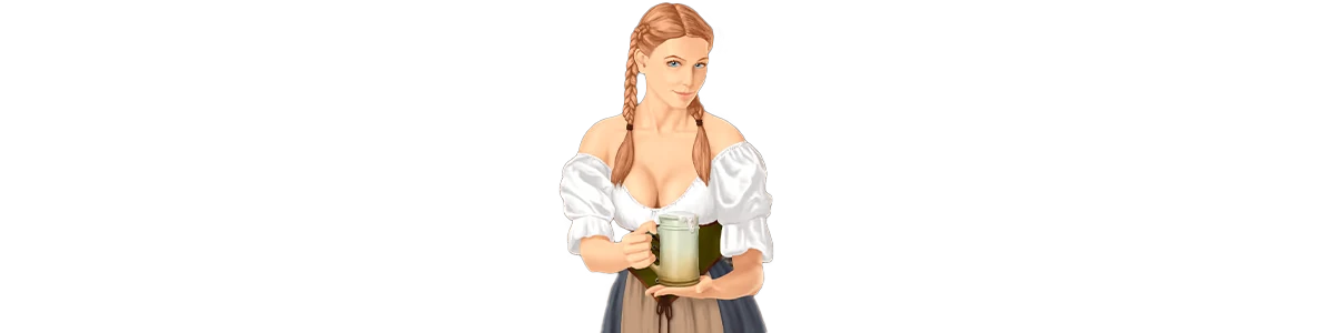 Dverghold: Pixel art barmaid with braided hair holding a frothy beer mug on black background.