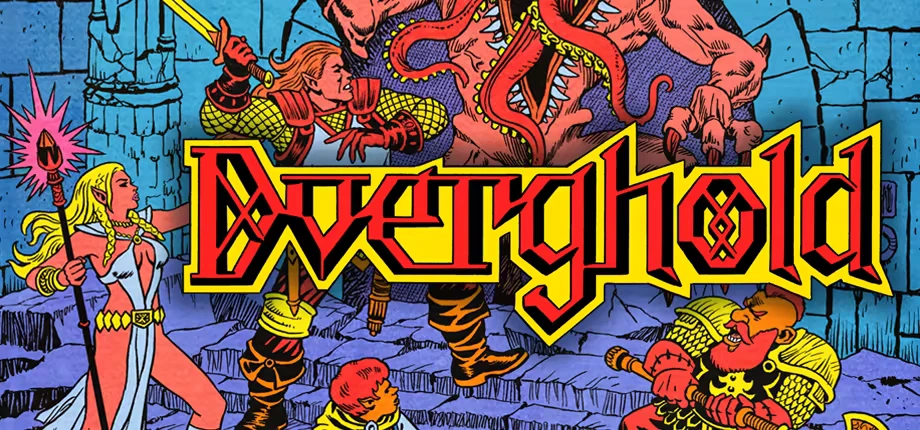 Dverghold: Large red-yellow logo over heroes battling a tentacled monster in ruins.