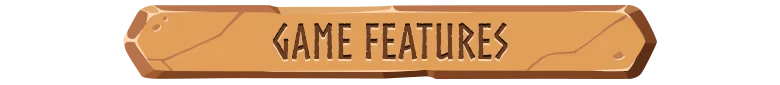 Dwarf Delve: Wooden banner with carved text “GAME FEATURES” in dark letters.