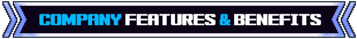 E-Lich: Pixelated banner with "COMPANY FEATURES & BENEFITS" in blue and white text.