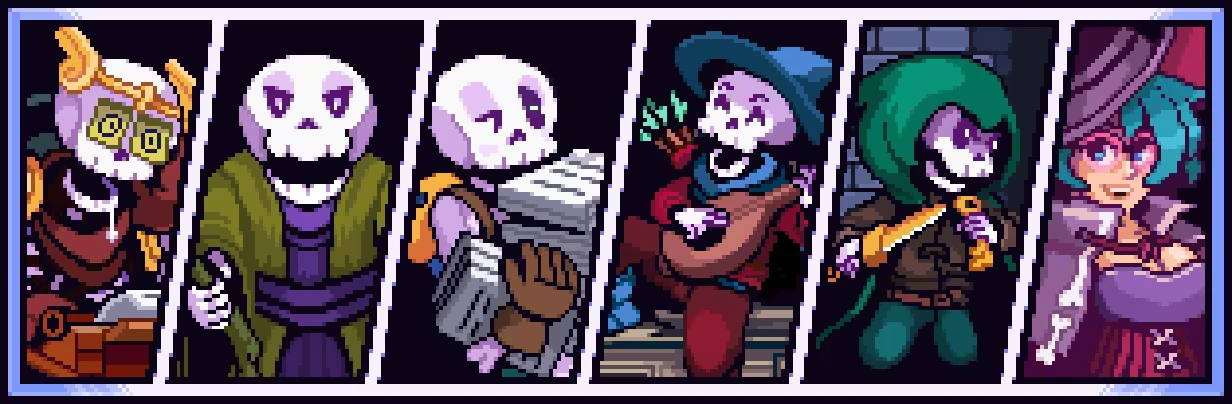 E-Lich: Five skeleton characters in colorful outfits, each with unique accessories and poses.