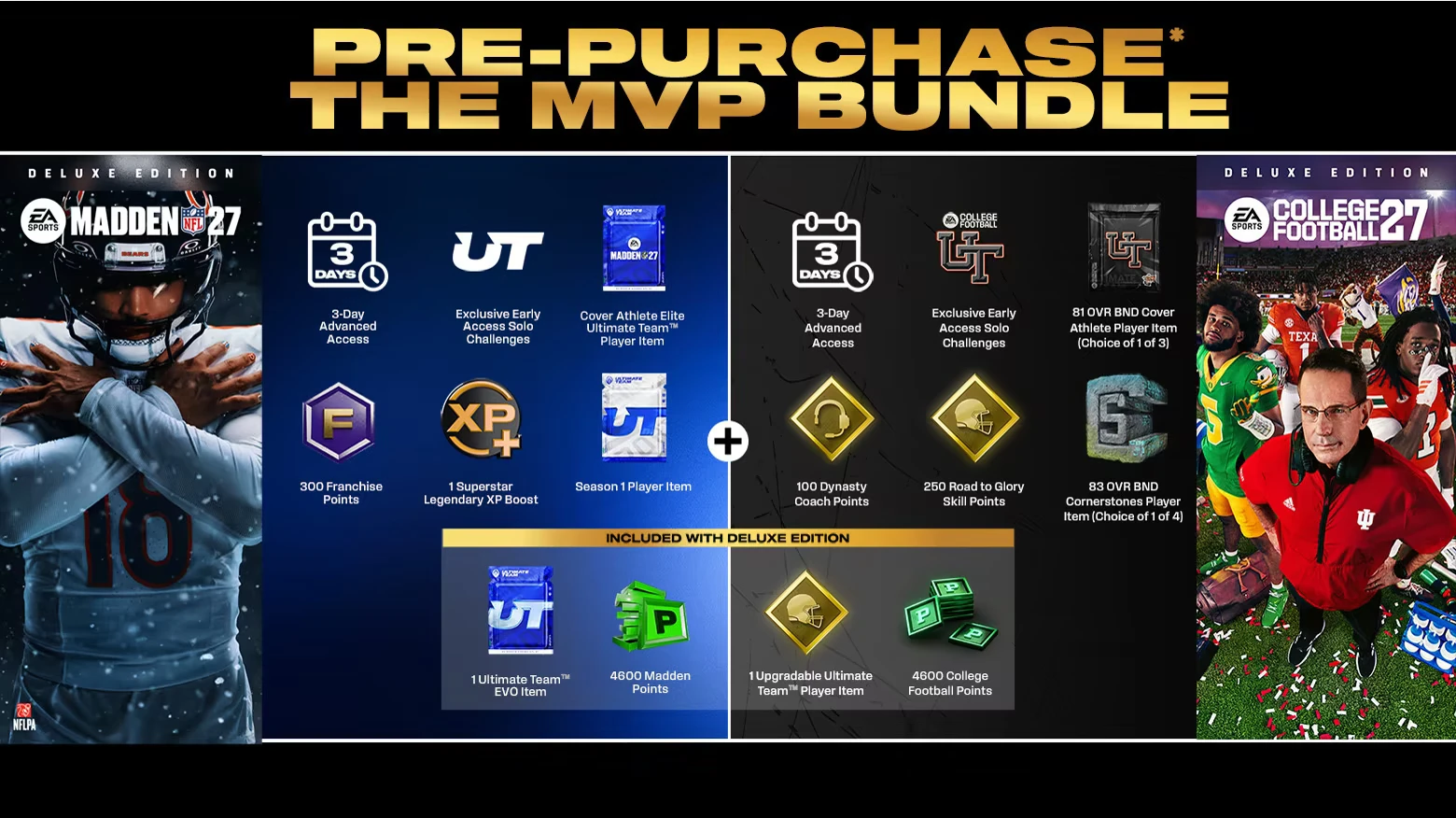 Mvp Bundle Offers – EA SPORTS™ Madden NFL 27 EA SPORTS™ Madden NFL 27: Gold “PRE-PURCHASE THE MVP BUNDLE” deluxe edition promo grid.