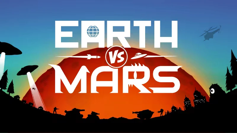 Alien Invasion – Earth vs Mars Earth vs Mars: Bold title over red planet, UFOs with beams, tanks, soldiers, and helicopters.