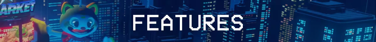 Features Title – Echo Generation 2 Echo Generation 2: Pixel text “FEATURES” over neon city skyline and mascot face.