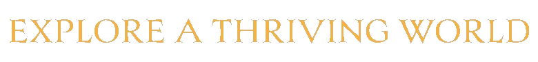 Echoes of Aincrad: Gold serif text reading “EXPLORE A THRIVING WORLD” on black background.