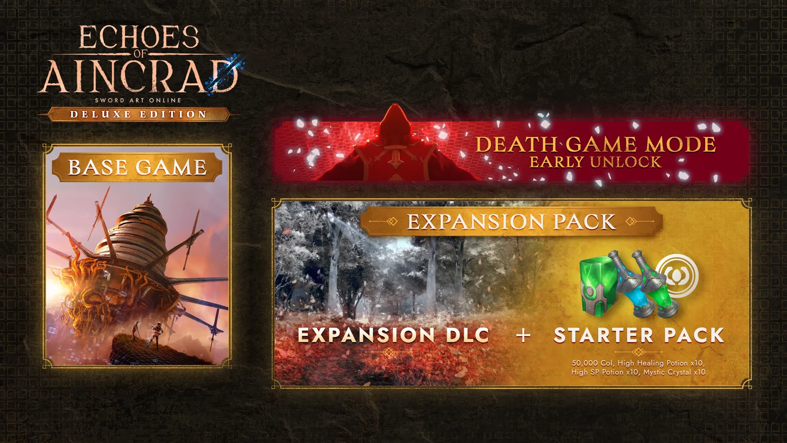 Deluxe Edition Bonuses – Echoes of Aincrad Echoes of Aincrad: Deluxe Edition menu with Base Game, Death Game Mode, Expansion Pack tiles.