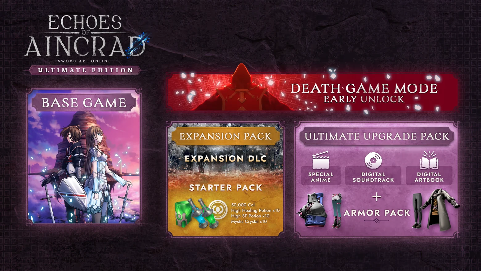 Ultimate Edition Bonuses – Echoes of Aincrad Echoes of Aincrad: Ultimate Edition graphic with Base Game, DLC packs, Death Game Mode text.