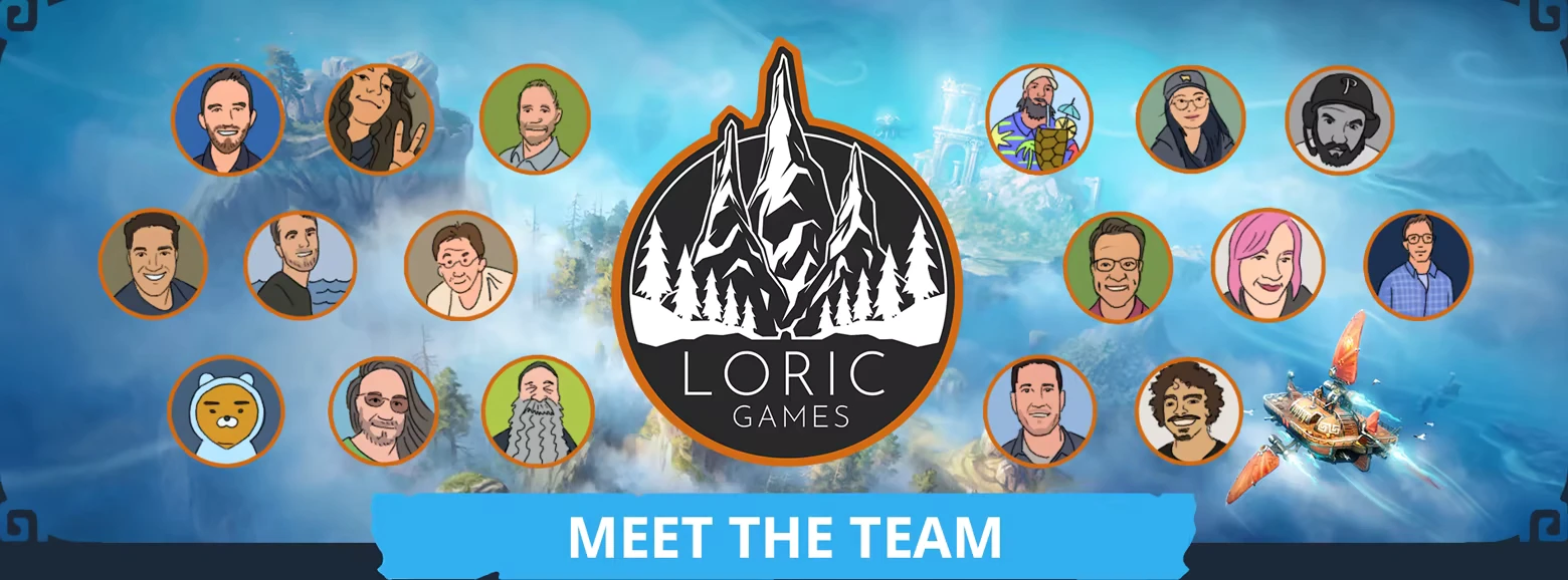 Meet the Team – Echoes of Elysium Echoes of Elysium: Cartoon team portraits encircle Loric Games logo; airship soars below.