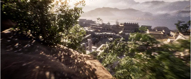 Ecumene Aztec: Overlooking a detailed Aztec cityscape with lush greenery and distant mountains.