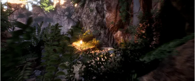 Ecumene Aztec: Dense jungle with sunlight filtering through, illuminating a rocky path.