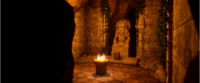 Ecumene Aztec: Stone chamber with a central fire pit and a detailed Aztec statue in the background.