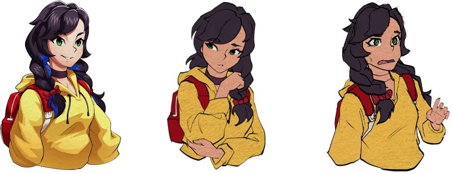 EDEN’S FRONTIER™: Three portraits of girl in yellow hoodie with red backpack, varied expressions.