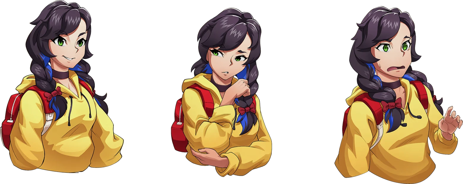 Character Portraits – EDEN’S FRONTIER™ EDEN’S FRONTIER™: Three portraits of girl in yellow hoodie with red backpack, varied expressions.