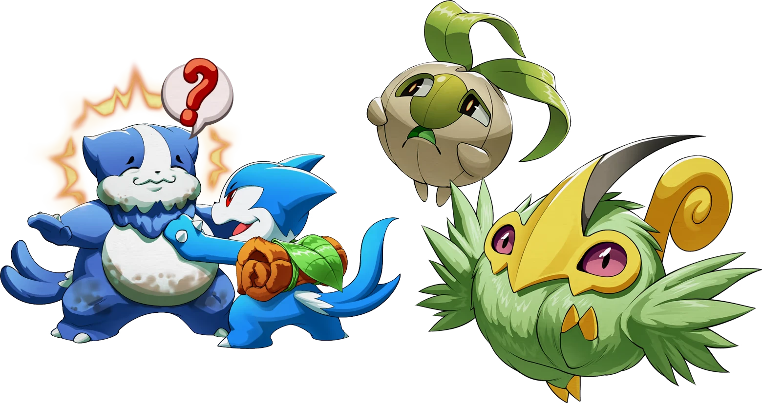 EDEN’S FRONTIER™: Four cartoon creatures, including blue otter and green bird with yellow mask.