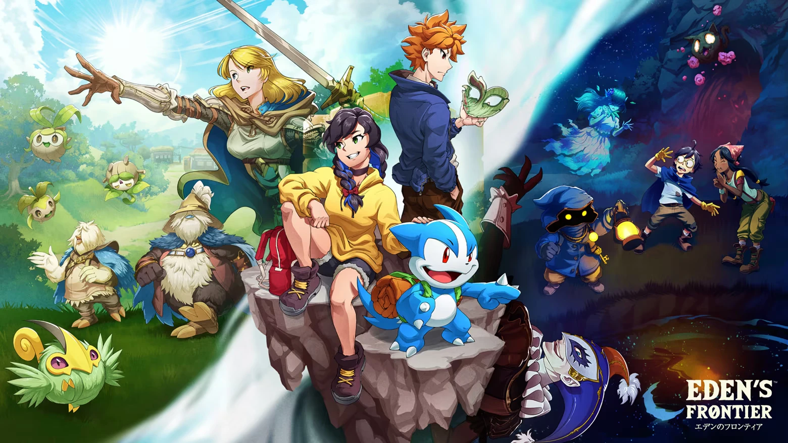 EDEN’S FRONTIER™: Fantasy heroes and creatures split by day and night; logo bottom right.