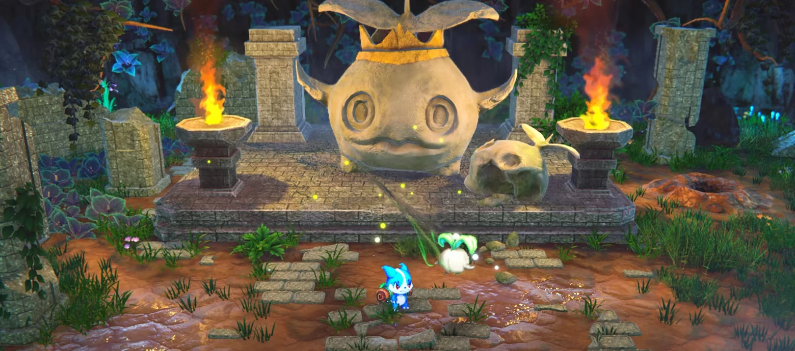 EDEN’S FRONTIER™: Blue creature in ruins before horned statue, torches blazing nearby.