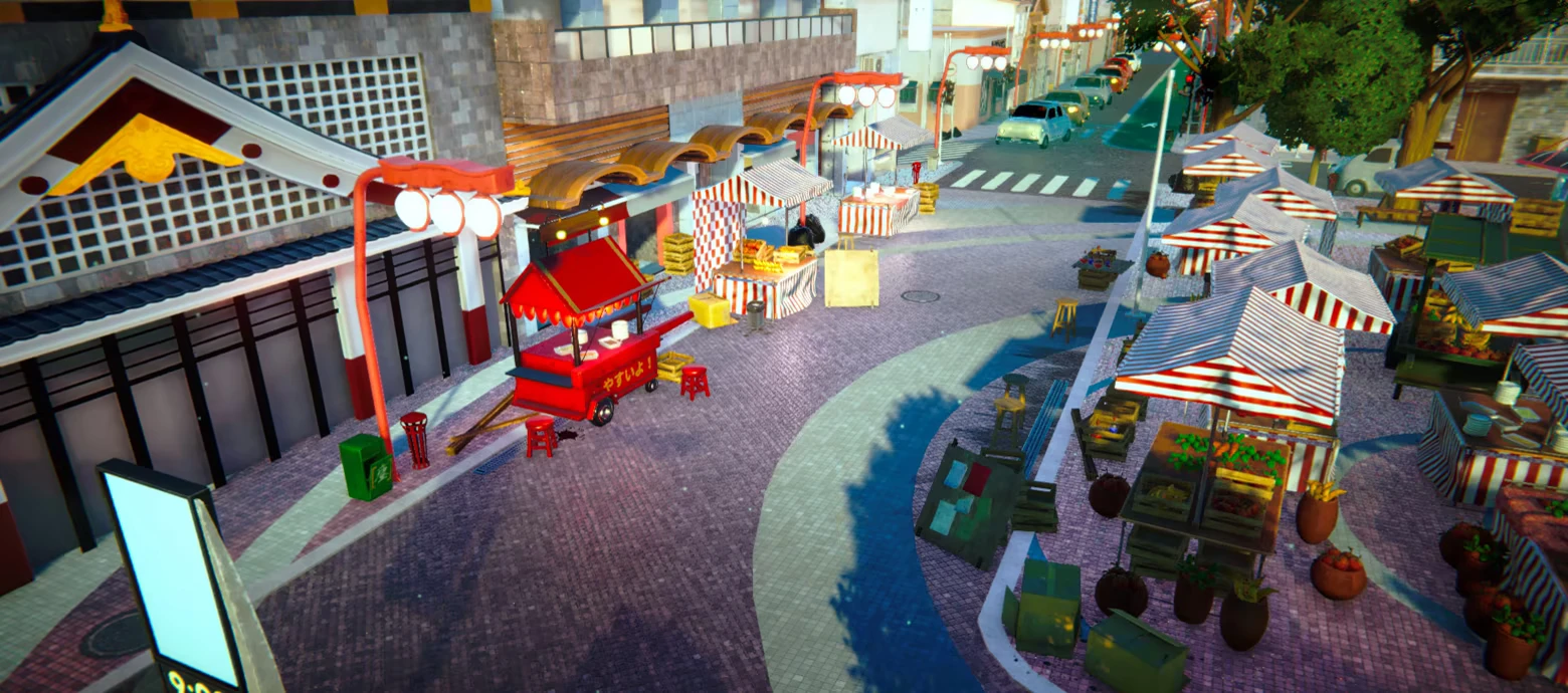 EDEN’S FRONTIER™: Street market with striped tents, red food cart, and parked cars ahead.