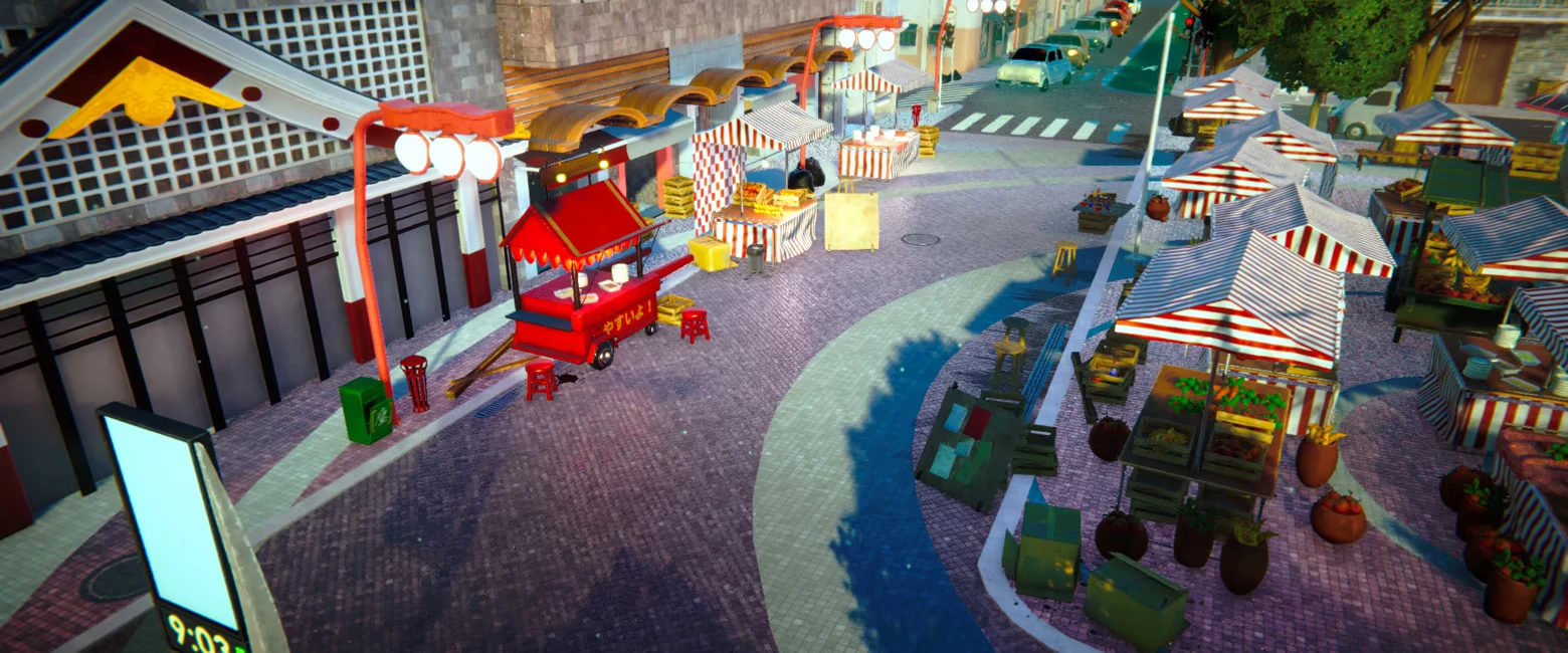 Street Market Stalls – EDEN’S FRONTIER™ EDEN’S FRONTIER™: Street market with striped tents, red food cart, and parked cars.