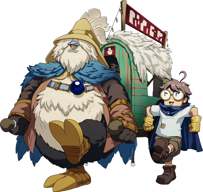 Traveling Merchant Pair – EDEN’S FRONTIER™ EDEN’S FRONTIER™: Bird-headed traveler and goggled boy run beside a cart marked “Hi?!”.