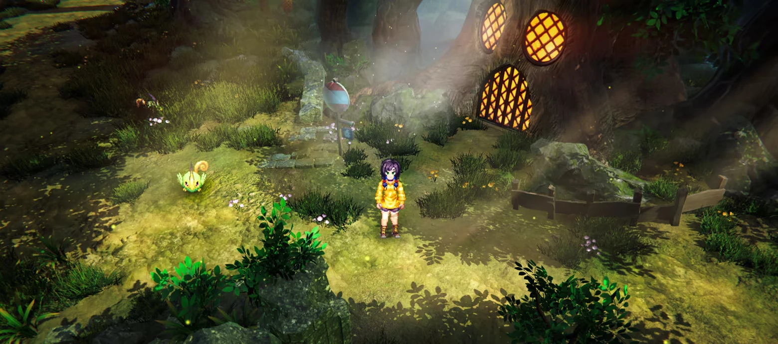 EDEN’S FRONTIER™: Girl in yellow stands by a treehouse with glowing windows and a green creature.