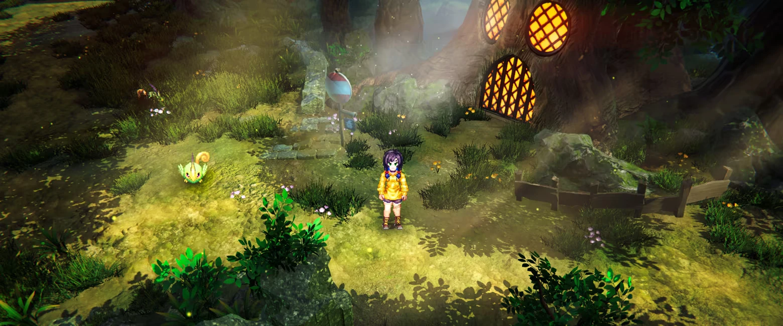 Treehouse Clearing – EDEN’S FRONTIER™ EDEN’S FRONTIER™: Pixel character in yellow coat by glowing treehouse windows in forest clearing.