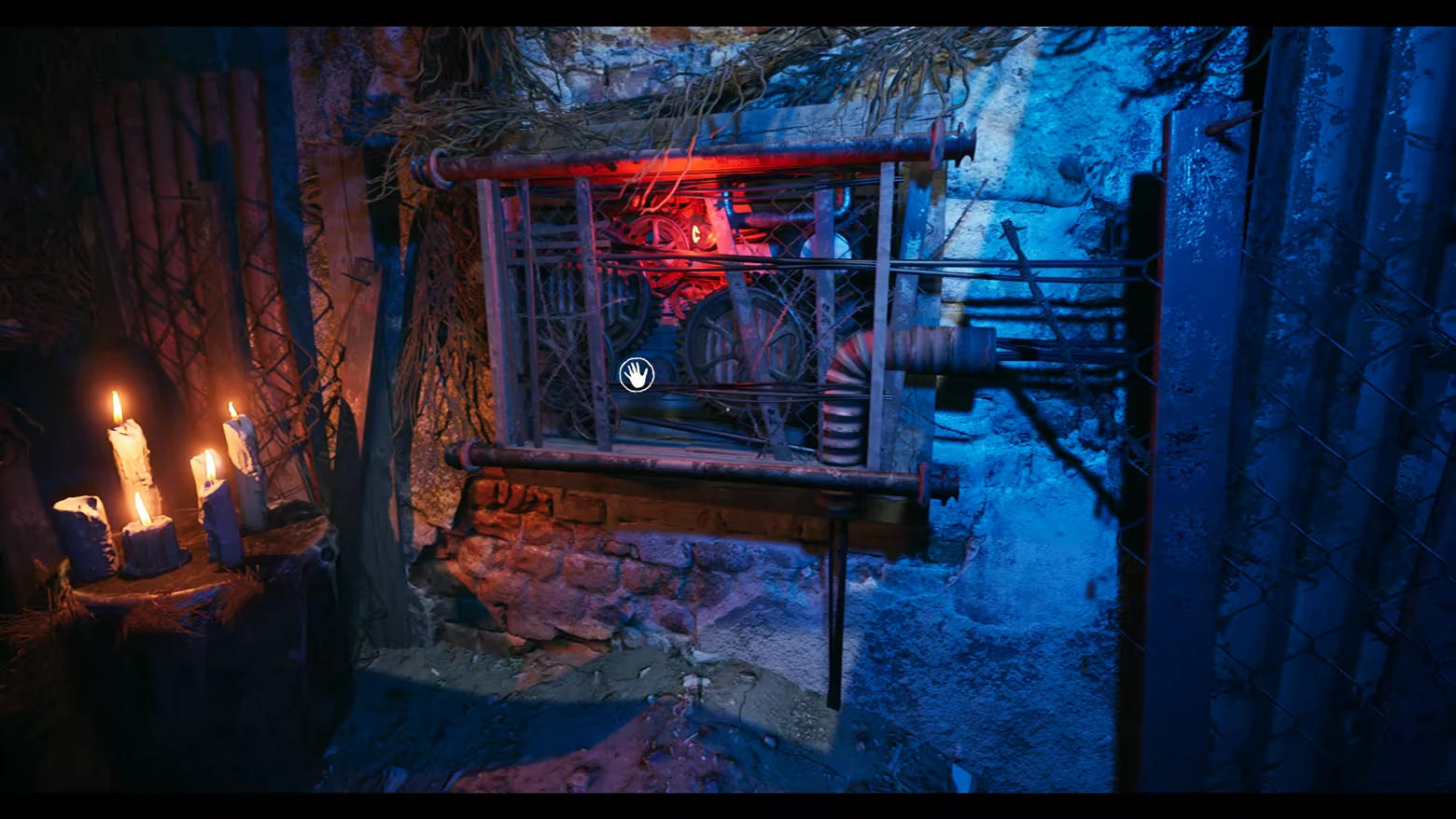 Edge Of Evil: A crypt wall with gears, red light, candles, and a hand icon for interaction.