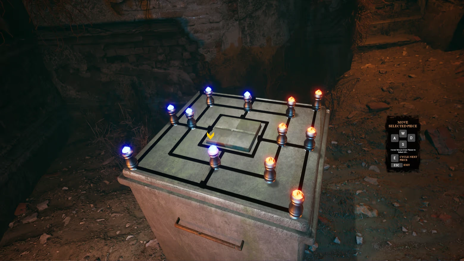 Edge Of Evil: Stone puzzle with glowing blue and orange lights, control instructions on the right.