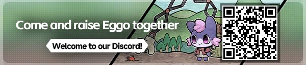 Eggo: Cartoon creature with a bow, QR code, text "Come and raise Eggo together," Discord invite.