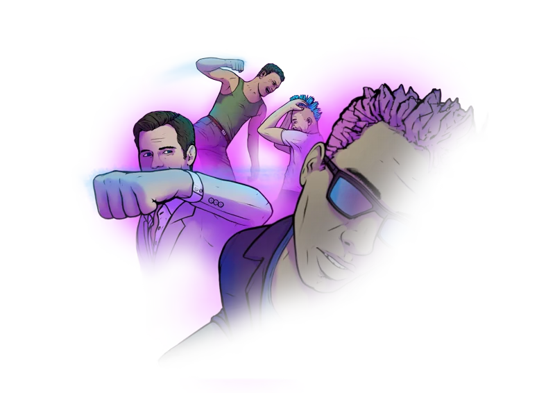 Eight Dragons 2: Four characters with dynamic poses, neon purple background, one in sunglasses.