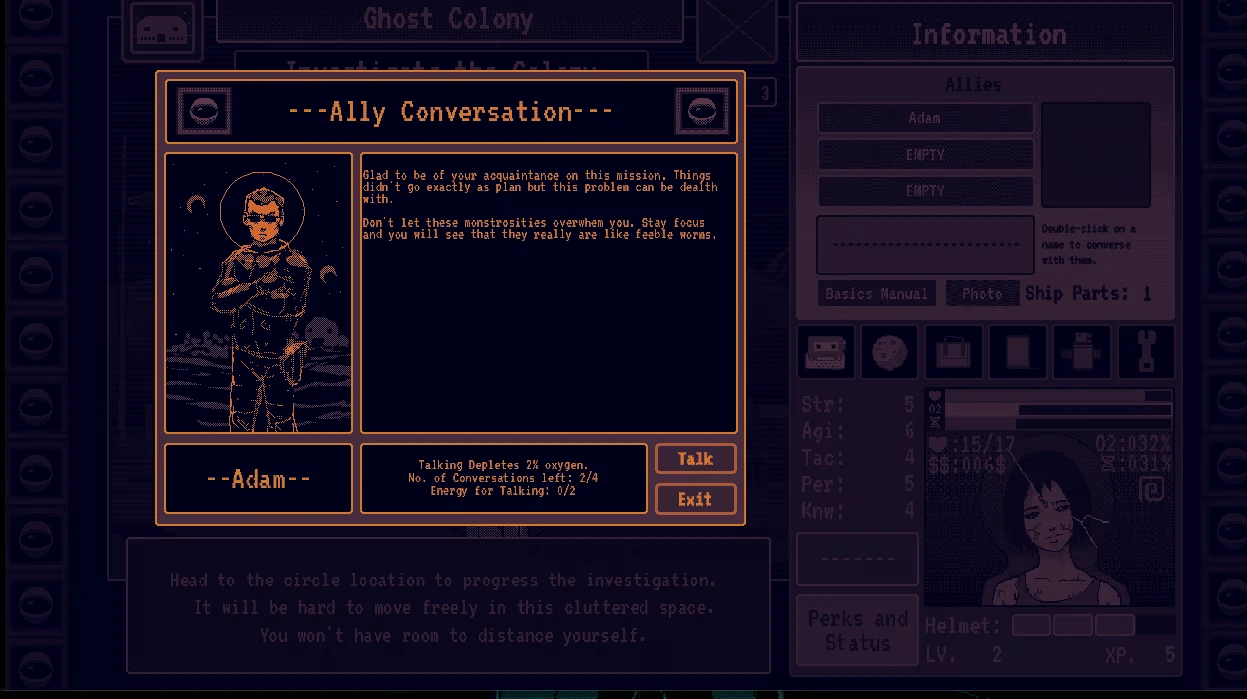 Eldread: Ally Conversation window with Adam portrait, dialogue text, Talk and Exit buttons.