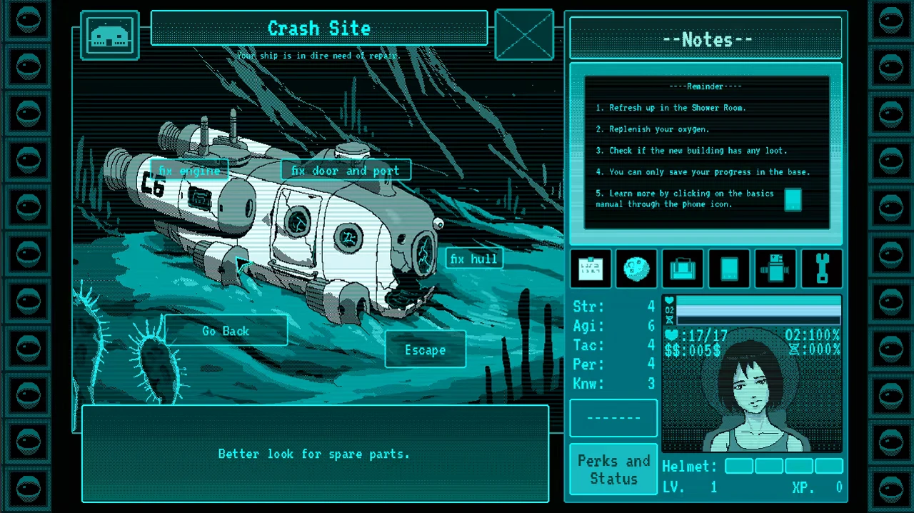 Eldread: Crash Site screen with damaged ship, repair buttons, notes list, and portrait UI.