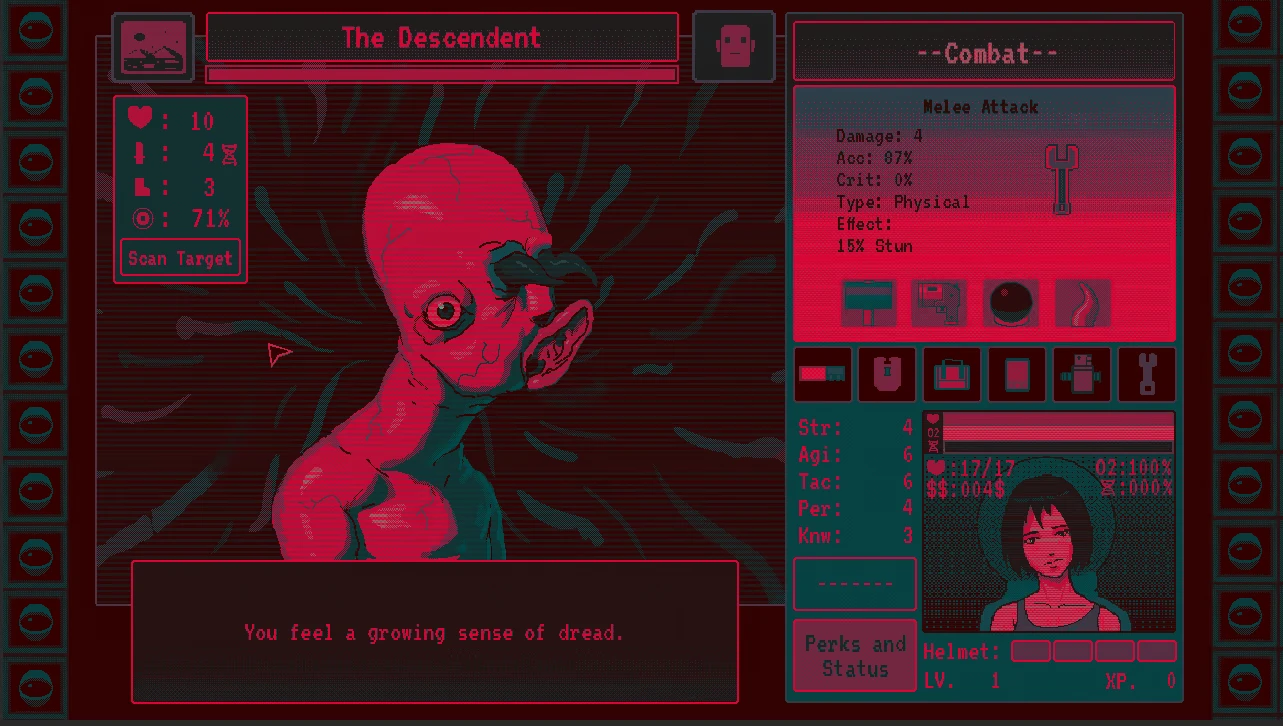 Eldread: Pixel monster “The Descendent” combat UI; text reads “You feel a growing dread.”.