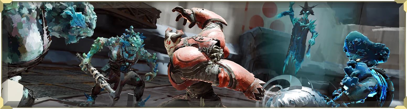 Elta: Red-armored fighter attacks blue monsters in a sci-fi arena scene.