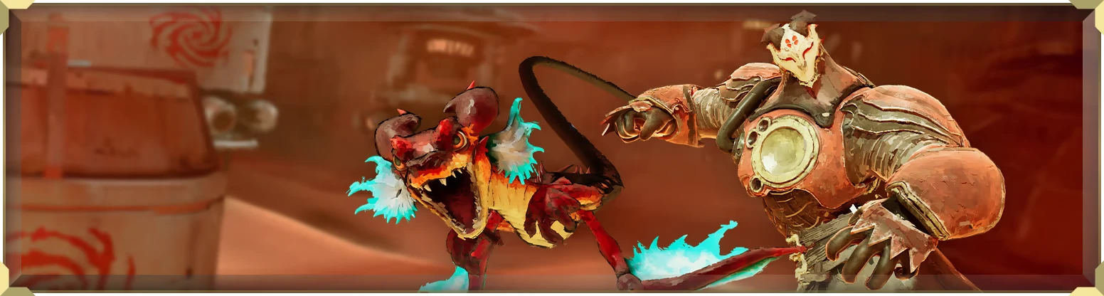 Elta: Red horned beast lunges at armored fighter with glowing chest core.