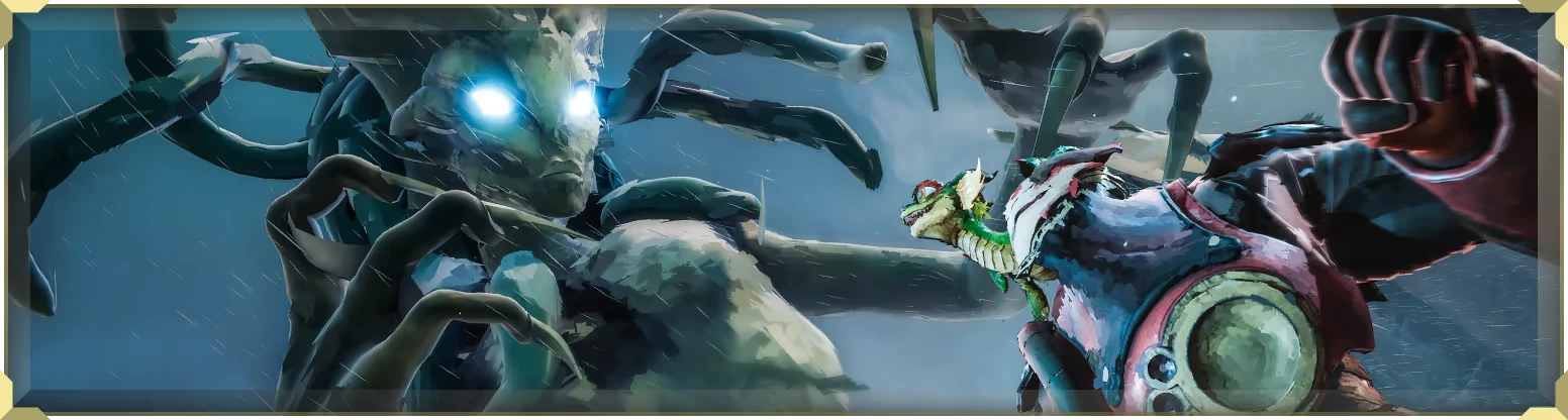 Elta: Armored fighter faces giant glowing-eyed monster with clawed limbs in storm.