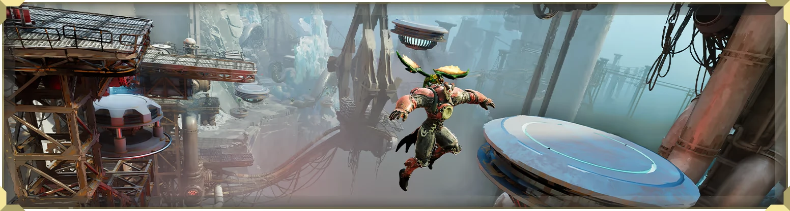 Elta: Armored warrior leaps between floating platforms in a misty industrial ruin.