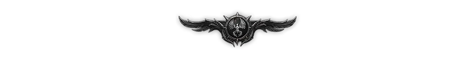 Winged Emblem – Embers of the Uncrowned Embers of the Uncrowned: Silver winged crest with circular emblem on black background.