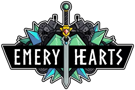 Sword Gem Logo – Emery Hearts Emery Hearts: Logo with a sword, green crystals, gears, and bold white text on a black banner.