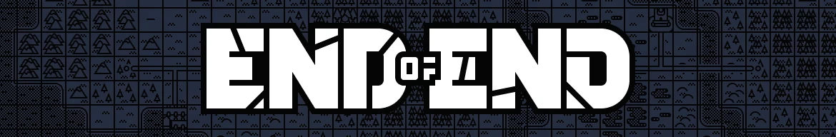 Title Logo Banner – End of End End of End: Large white END OF END logo over dark blue pixel map background.