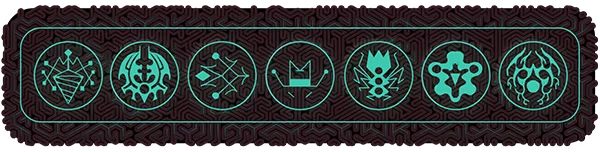 Enter the Chronosphere: Seven teal alien symbols on a dark, intricate patterned background.