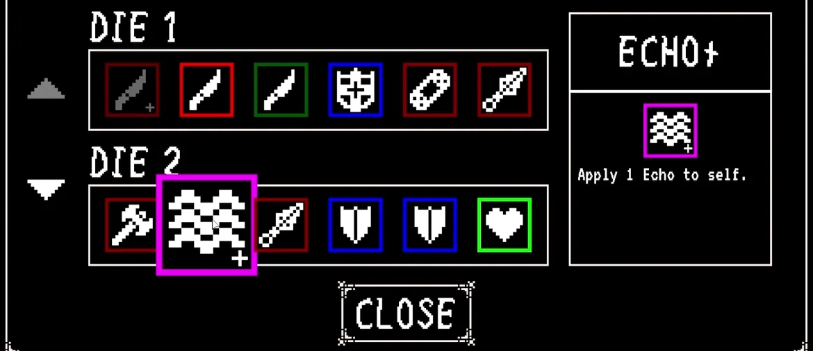Enter the Depths: Dice UI with ECHO+ tooltip, pixel icons, and CLOSE button on black.