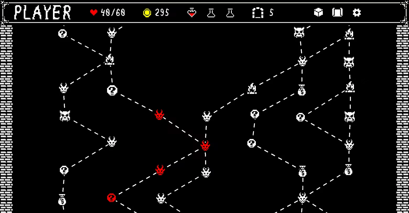 Enter the Depths: Pixel map screen with dotted paths, skull nodes, and top bar “PLAYER”.