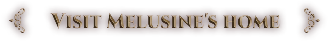 Melusines Home Sign – EONA EONA: Banner reading “VISIT MELUSINE’S HOME” in gold serif text on maroon background.