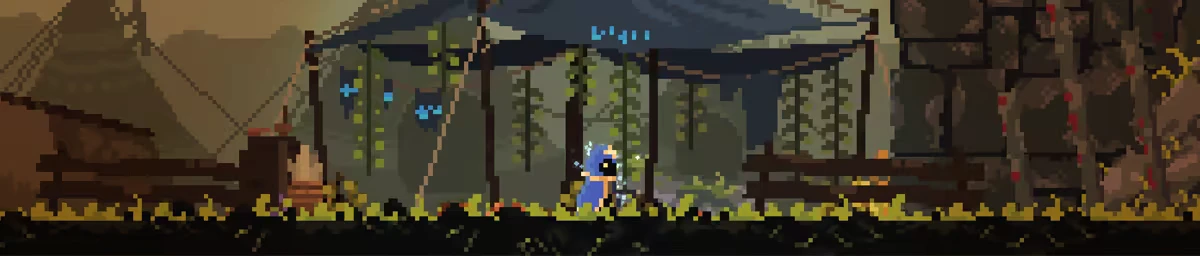 Erebound: Pixel art scene with a blue-caped character under a canopy, surrounded by foliage.