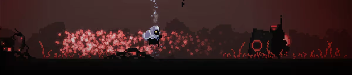 Erebound: Pixelated character in cloak jumps amid red pixel explosions on dark background.