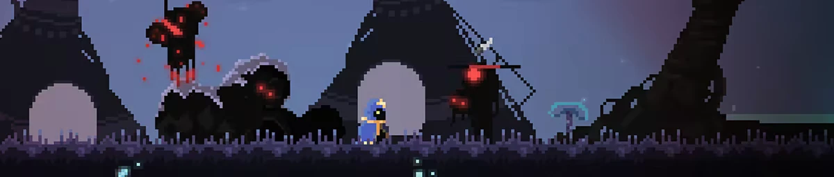 Erebound: Pixel art scene with a cloaked figure, red-eyed creatures, and glowing mushrooms.