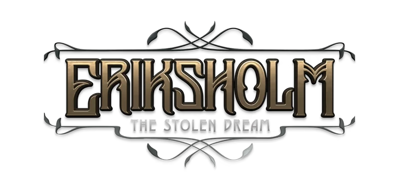 Eriksholm: Ornate logo with gold lettering and black decorative flourishes, title below.
