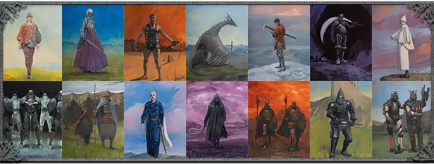 Character Portrait Grid – Erulean Angel: Fantasy Commander Erulean Angel: Grid of fantasy character portraits, warriors, cloaked figures, and a dragon sketch.